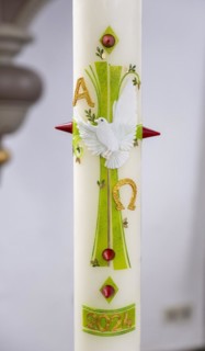 Easter candle from 2024 in the Protestant Reformed Church from 1401, Greetsiel, Krummhoern, East