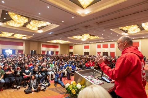 Chicago, Illinois, Shawn Fain, president of the United Auto Workers union, speaks at the conclusion