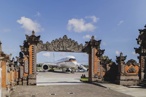 The government aircraft A350 stands during a refuelling stop at Denpasar airport, 02.05.2024.