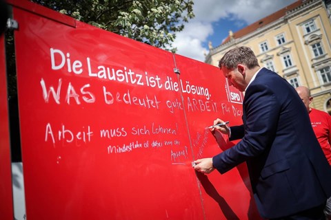 Lars Klingbeil, SPD party chairman, during his visit to the DGB rally in Goerlitz, 1 May 2024