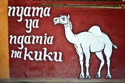 Mural painting, advertisement, butchers shop, dromedary meat, chicken meat, swahili language, kenya