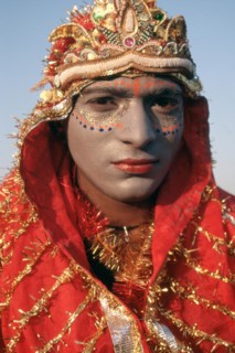 Portrait, bahrupiya, India, tradition, face painting, street performer, impersonating goddess