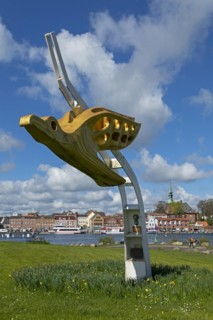 Figurehead of the training sailing ship Gorch Fock, viewpoint Schleibruecke, harbour, Kappeln,