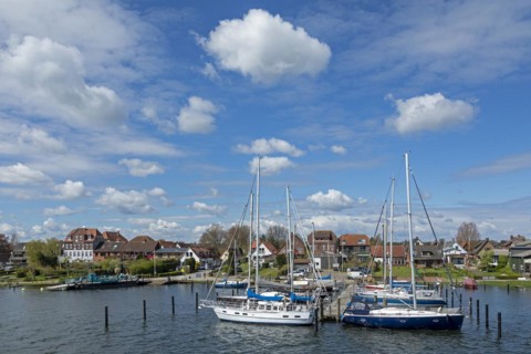 Ferry pier, ferry, marina, Arnis, smallest town in Germany, Schlei, Schleswig-Holstein, Germany,