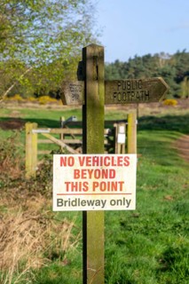 No Vehicles beyond This Point, Bridleway Only, sign Suffolk Sandlings, Shottisham, England, UK
