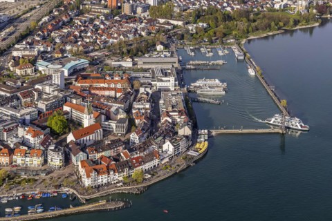 Lake promenade, pier and harbour, departing ferry to Romanshorn, tourism at Lake Constance, aerial