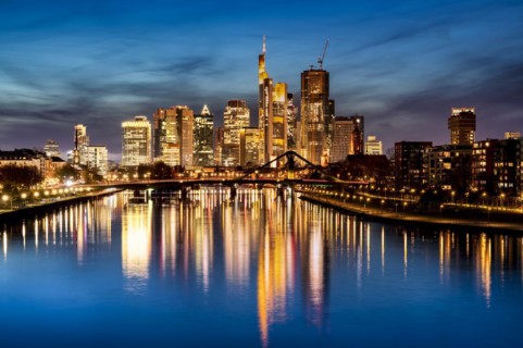 Twilight shot, skyline, banking district, financial district, Taunus Tower, Tower 185, Commerzbank,