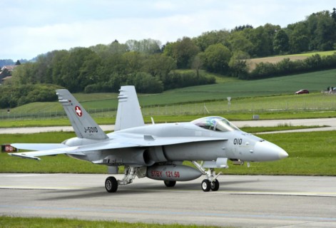McDonnell Douglas FA 18C Hornet fighter aircraft of the Swiss Air Force taxied at Payerne military