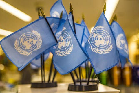 Flags in the visitor shop at the UN headquarters in New York