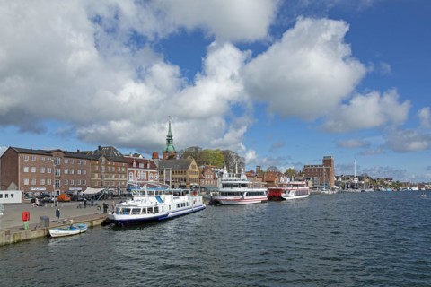 Church, building, excursion boats, clouds, harbour, Kappeln, Schlei, Schleswig-Holstein, Germany,