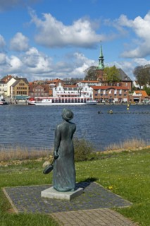 Statue, viewpoint Schleibruecke, church, excursion ship Schlei Princess, harbour, Kappeln, Schlei,