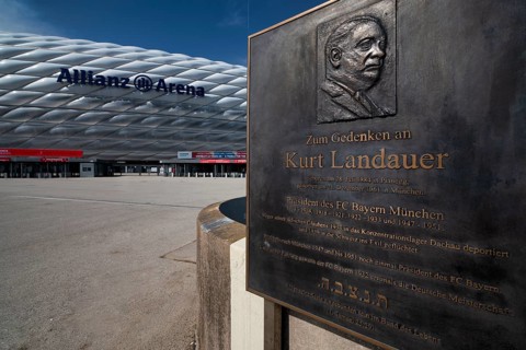 Exterior view of Allianz Arena, logo, plaque commemorating Kurt Landauer, President of FC Bayern