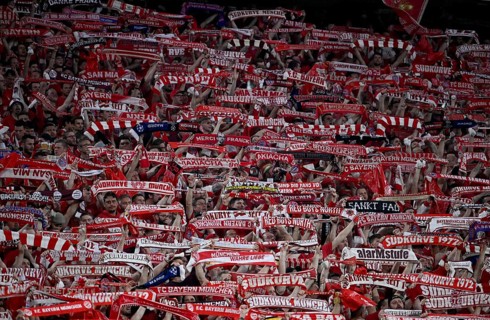 Spectators, fans, scarves, fan curve, fan block, Allianz Arena, Munich, Bavaria, Germany, Europe