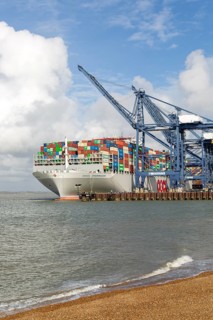 OOCL Zeebrugge container ship at quayside Port of Felixstowe, Suffolk, England, UK