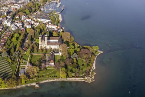Schlosshorn with castle and castle church, tourism at Lake Constance, aerial view, city view of