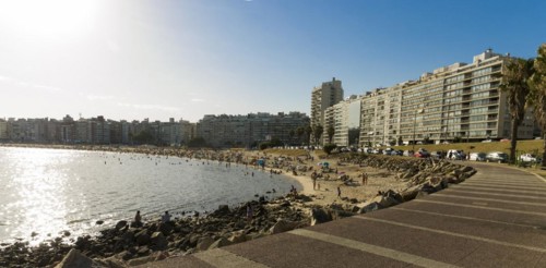Montevideo, Uruguay, 11th January 2022, Beautiful sunset on Pocitos beach with bathers on a summer