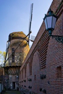 Town wall with mill tower of the historic windmill in Zons, Dormagen, Lower Rhine, North