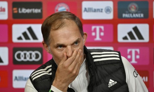 Coach Thomas Tuchel FC Bayern Munich FCB pensive, Press conference, PK, Allianz Arena, Munich,