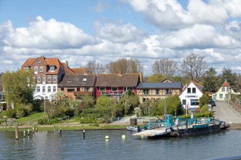 Ferry pier, ferry, Arnis, smallest town in Germany, Schlei, Schleswig-Holstein, Germany, Europe