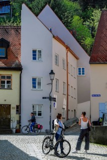 Quirky pointed gable facades, Kaufbeuern, Allgaeu, Swabia, Bavaria, Germany, Europe