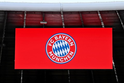 Interior view Allianz Arena, logo, FC Bayern Munich, FCB, scoreboard, Munich, Bavaria, Germany,