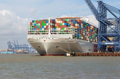 OOCL Zeebrugge container ship at quayside Port of Felixstowe, Suffolk, England, UK