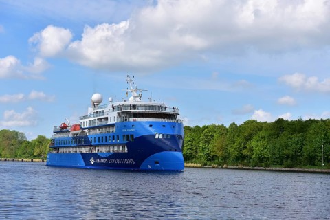 Expedition cruise with cruise ship Ocean Albatross in the Kiel Canal, Kiel Canal,