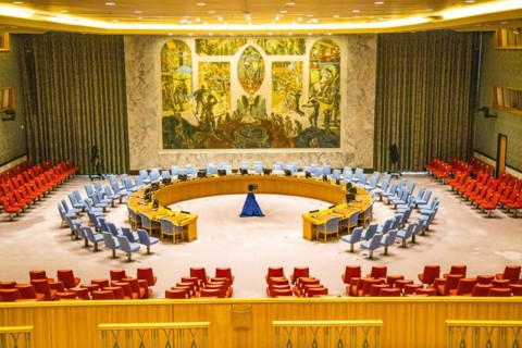 View from the visitors' gallery of the United Nations Security Council chamber at UN headquarters