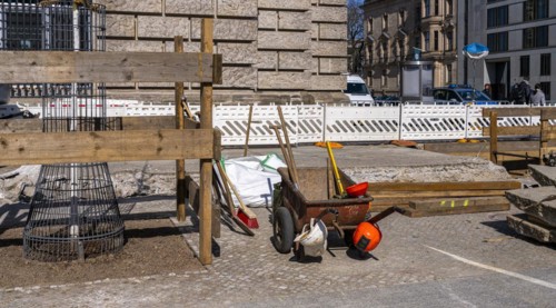 Construction machinery and materials at a building site, Berlin, Germany, Europe