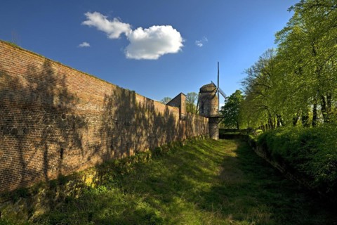 Town wall with mill tower of the historic windmill in Zons, Dormagen, Lower Rhine, North