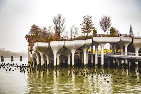 Little Island at Pier 55, an artificial island park in the Hudson River, Manhattan, New York City
