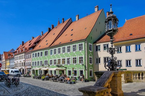 Pointed gable houses, chimneys and dormers in Pfarrgasse, Kaufbeuern, Allgaeu, Swabia, Bavaria,