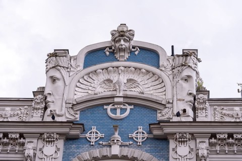 Art Nouveau building, designed by Michail Eisenstein, blue facade with sculptures, Riga, Latvia,