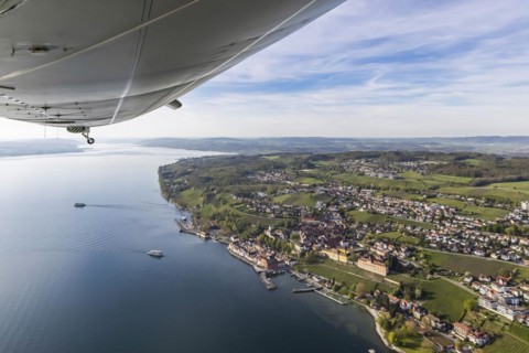 Zeppelin flight over Lake Constance, aerial view, Meersburg with castle, new castle, harbour and