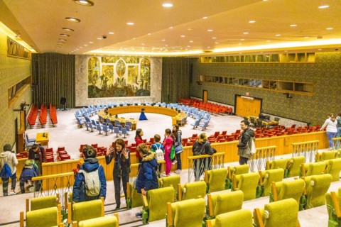View from the visitors' gallery of the United Nations Security Council chamber at UN headquarters