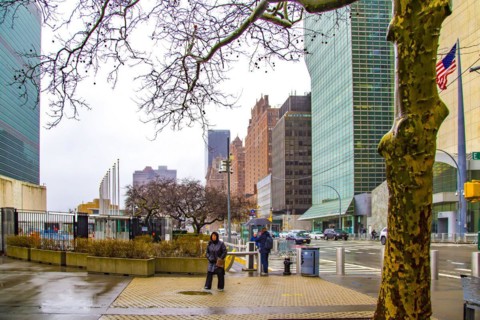 Forecourt and visitor entrance of the UN headquarters in New York