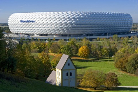 Allianz Arena, football stadium of FC Bayern Munich, copy of the Romanesque pilgrimage church of
