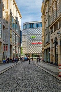 Hainstrasse and shopping centre Hoefe am Bruehl, called Blechbuechse, Leipzig, Saxony, Germany,