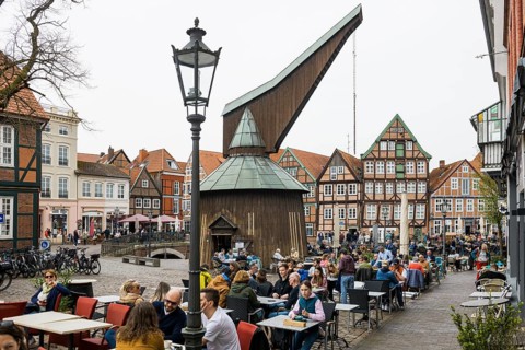 Half-timbered houses and restaurants in the old town, Buxtehude, Altes Land, Lower Saxony, Germany,