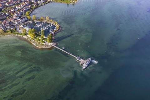 Marina, landing stage with excursion boat SCHWABEN of the White Fleet, aerial view in spring,