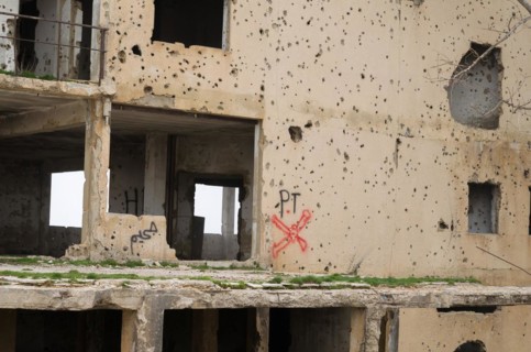 Beqaa, Lebanon, April 04, 2017: Marks of War, Lebanese house machine-gunned, bombed, destroyed by
