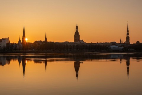 Sunrise in Riga with a view over the Daugava River, St James Cathedral, Riga Cathedral, St Peter's