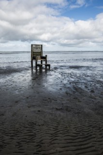 Sculpture on the beach and Wadden Sea, Throne, Artist Wilfried Gerdes, Dangast, Jade Bay, North