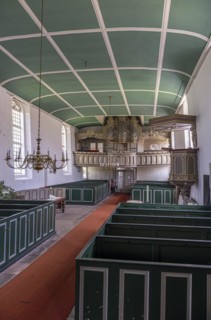 Protestant Reformed Church from 1401, interior with pews, pulpit and organ, Greetsiel, Krummhoern,