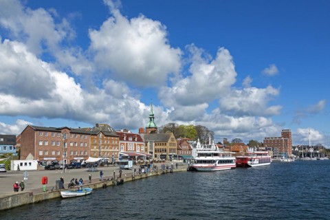 Church, building, excursion boats, clouds, harbour, Kappeln, Schlei, Schleswig-Holstein, Germany,