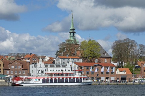 Church, excursion ship Schlei Princess, harbour, Kappeln, Schlei, Schleswig-Holstein, Germany,