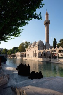 Muslim women wearing abaya in front of Abraham's Pool where the prophet was thrown into fire by
