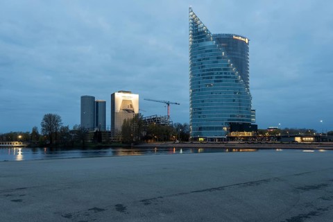 View of the Schwedbank headquarters on the western bank of the Daugava, Riga, Latvia, Europe