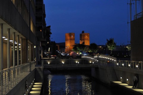 Building facades and the old town hall of Oslo illuminated in the evening, Nobel Prize ceremony,
