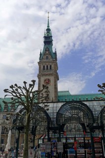 Hamburg Town Hall and Town Hall Market, Hamburg, Germany, Europe, Bare trees frame the view of the